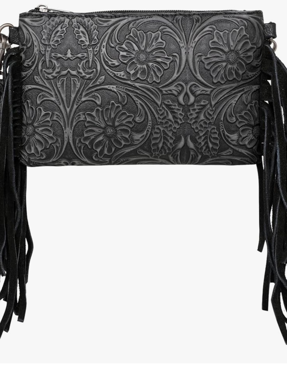 Embossed Floral Fringe Crossbody - Black leather western/ festival / boho